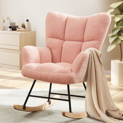 FONTOI Rocking Chairs, Upholstered Glider Rocker with Widen Curved Armrests, Rocking Armchair with High Backrest for Home, Pink, 27.5"*38.5"*36.2"