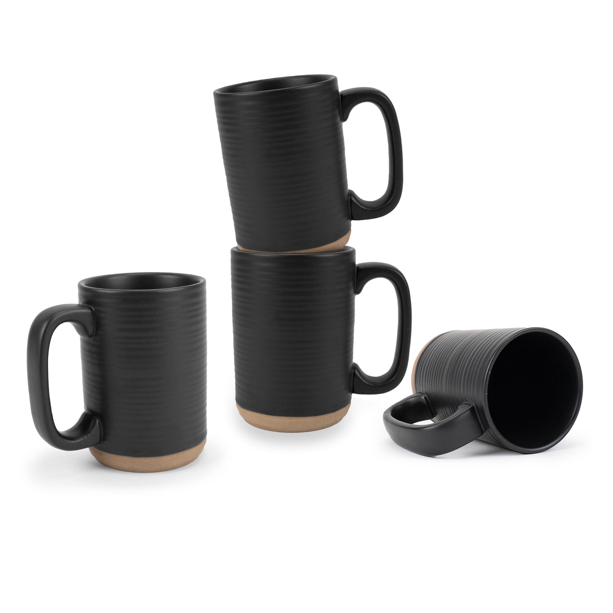 Elanze Designs Tall Ribbed Raw Clay Bottom Black 16 ounce Ceramic Coffee Mugs Set of 4