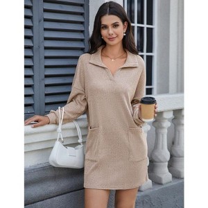 Coolmee Women Casual Knitted Lapel V Neck Long Sleeve Lightweight Wrap Mini Dress Loungewear With Front Pocket - 1 of 4