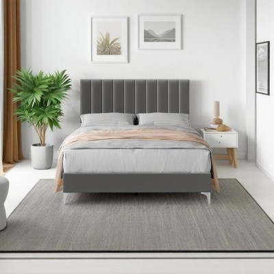 homfan Bed Frame with Velvet Headboard Adjustable, Strong Wooden Slat Support, No Box Spring Needed, Noise Free Sleep,Easy Assembly,Grey Bed Frames