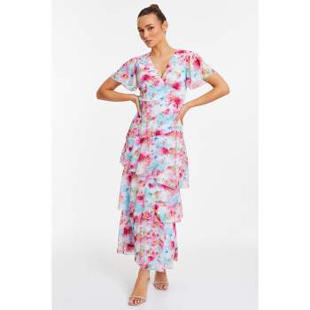 QUIZ Women's Chiffon Floral V-Neck Frill Maxi Dress
