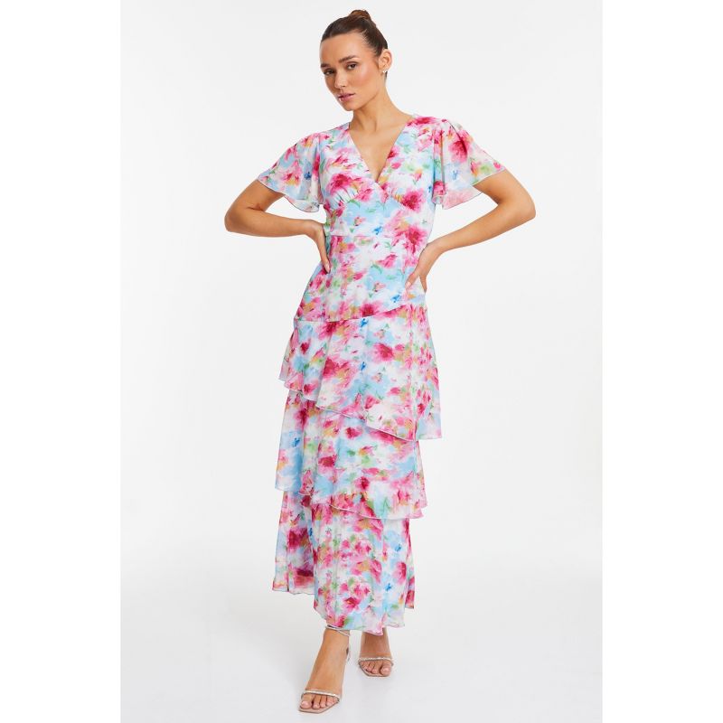 QUIZ Women's Chiffon Floral V-Neck Frill Maxi Dress, 1 of 6