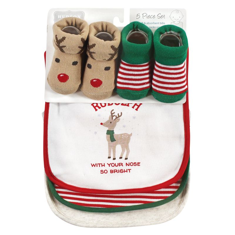 Hudson Baby Unisex Baby Cotton Bib and Sock Set, Rudolph, One Size, 2 of 6