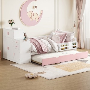Twin Size Wood Platform Bed with Sample Bookshelf and Movable Wardrobe - 1 of 4