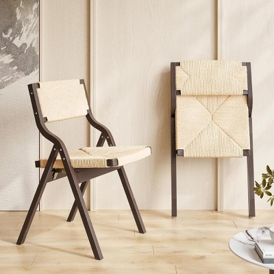 SEVOBAL Accent Chairs Foldable Wooden Chairs Woven Seat Rustic Accent Kitchen Dining Patio for Garden, Outdoors, Beige, 23.4"*34.3"*19"