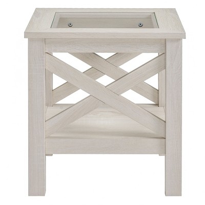 White Oak Farmhouse End Table with Glass Top and Storage Shelf