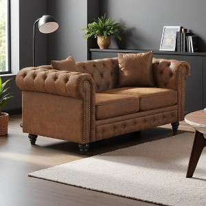 63.5" Tech Fabric Chesterfield 3-Seater Sofa with Button Tufted, Nail Trim & 2 Pillows - 1 of 4