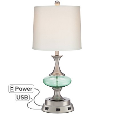 360 Lighting Modern Accent Table Lamp with USB and AC Power Outlet Workstation Charging Base Blue Green Glass Drum Shade Office