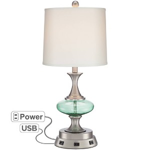 360 Lighting Reiner Modern Accent Table Lamp 23" High Brushed Nickel Blue Green Glass with USB Workstation Base Off White Drum Shade for Living Room - 1 of 4
