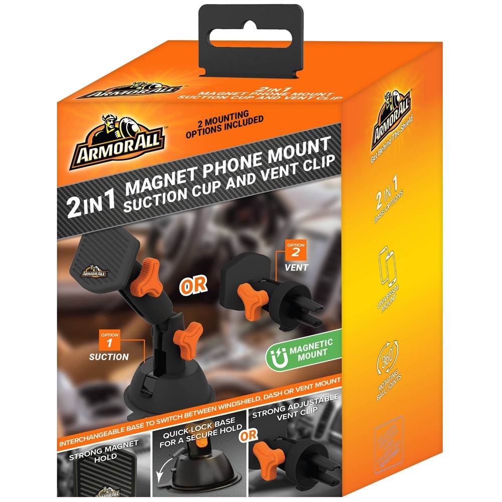 Armor All Suction Mount with Magnet: Automotive Accessories, Phone Holder, 1 Year Warranty, Orange & Black