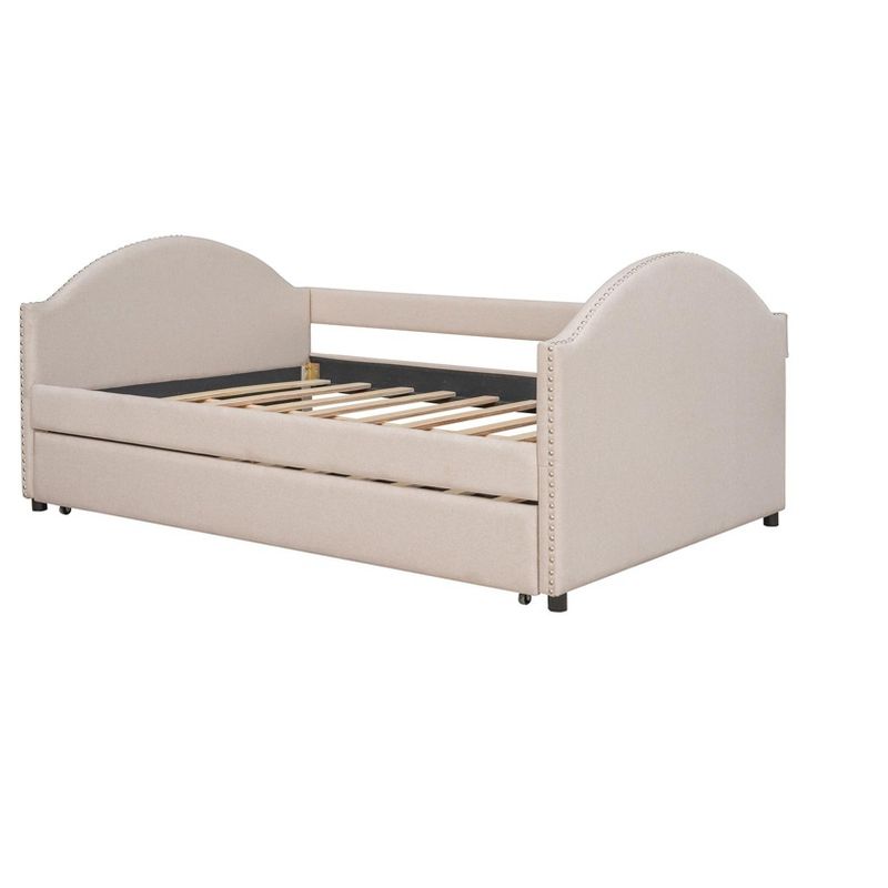 Full Size Upholstered Wood Daybed with Twin Size Trundle Bed and Wood Slat Support-ModernLuxe, 5 of 12