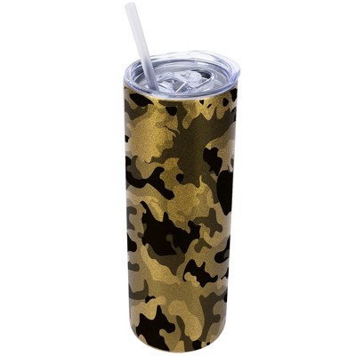 Elanze Designs Vegas Gold 20 Ounce Double Wall Stainless Steel Glitter Travel Tumbler With Sliding Lid And Straw, Camouflage