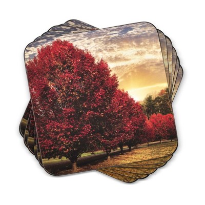 Pimpernel Crimson Trees Coasters - Set of 6 (4” x 4”), Cork Backing, Elegant Design, Ideal for Table Protection, Easy to Clean, Durable & Stylish