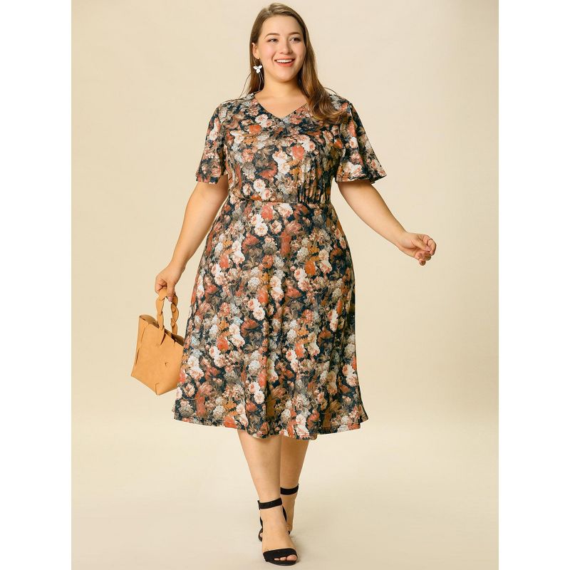 Agnes Orinda Women's Plus Size Regular Fit Elegant Short Sleeve Floral Pattern Dress, 4 of 8