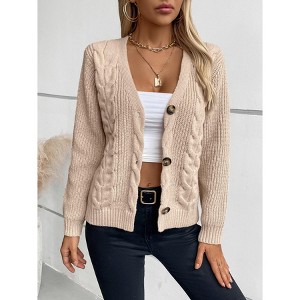 Cable Knit Cardigan Sweaters for Women Open Front Lightweight Sweater Casual Long Sleeve Button Coats Outerwear - 1 of 4