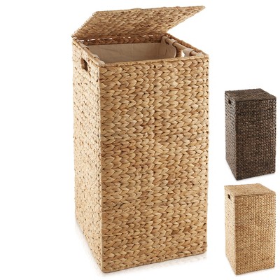 Casafield Laundry Hamper with Lid and Removable Liner Bag, Woven Water Hyacinth Square Laundry Basket for Clothes