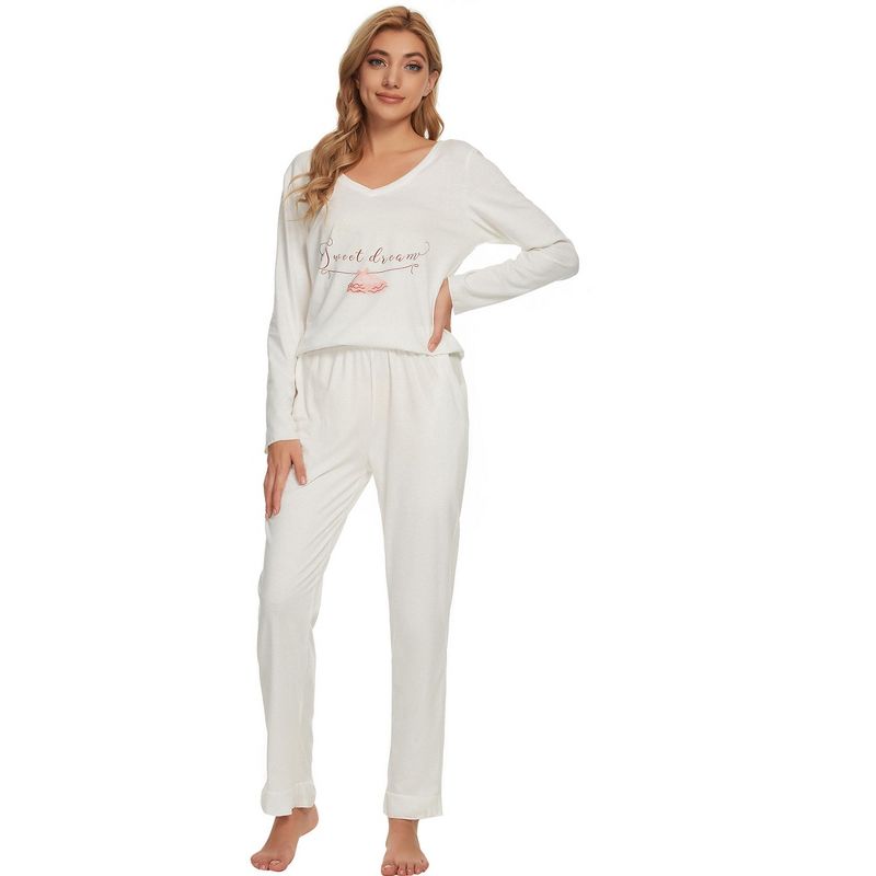 cheibear Womens Sleepwear Lounge V-Neck Soft Nightwear with Pants Long Sleeve Pajama Set, 3 of 6
