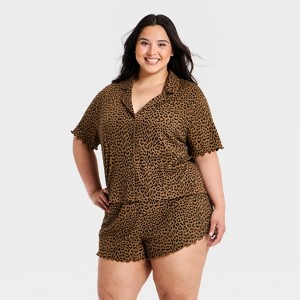 Women's Pointelle Notch Collar Shirt and Shorts Pajama Set - Wild