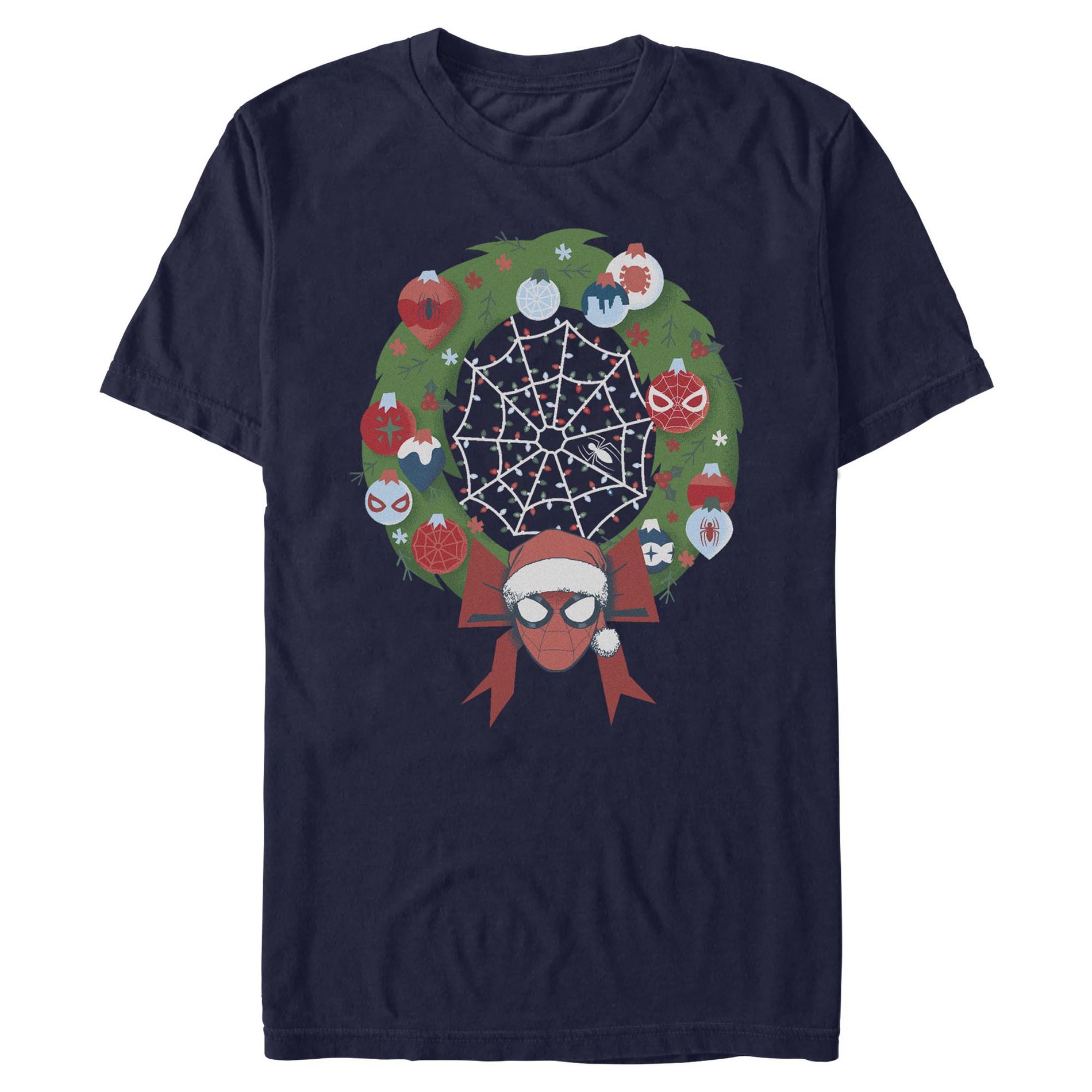 Mens Marvel Christmas Wreath Spidey Ornaments T Shirt - Navy Blue - 3X Large