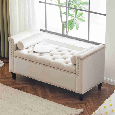 CAVINAS Storage Bench for Bedroom,Velvet Storage Ottoman Bench with Armrests and Nailhead Trim for Living Room,Bedroom,Black/Cream White