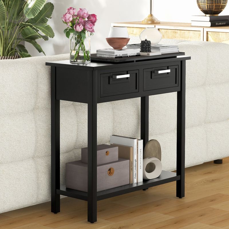 Tangkula Narrow Console Table with Drawers Retro Accent Sofa Table w/ Open Storage Black, 3 of 11