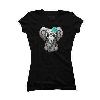 Junior's Design By Humans Blue Day of the Dead Sugar Skull Baby Elephant By jeffbartels T-Shirt