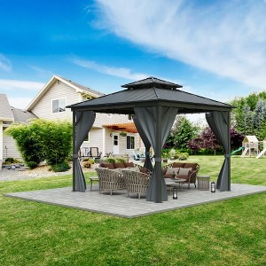 Hard Top Gazebo, Galvanized Steel Double Roof Canopy, Outdoor Metal Pergola with Mosquito Net and Curtain - 1 of 4
