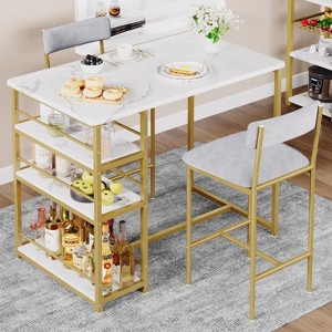 Jojoka Compact 2-Person Bar Table and Chair Set with Three Storage Shelves, Rectangular Rustic MDF Top and Upholstered Chairs, Brown - 1 of 4