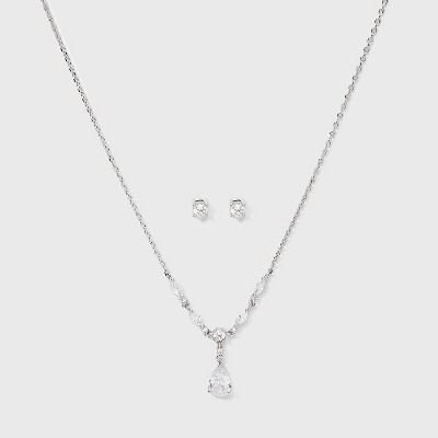 Silver Plated Cubic Zirconia Pear Pendant Necklace and Stud Earring Set 2pc - Silver
