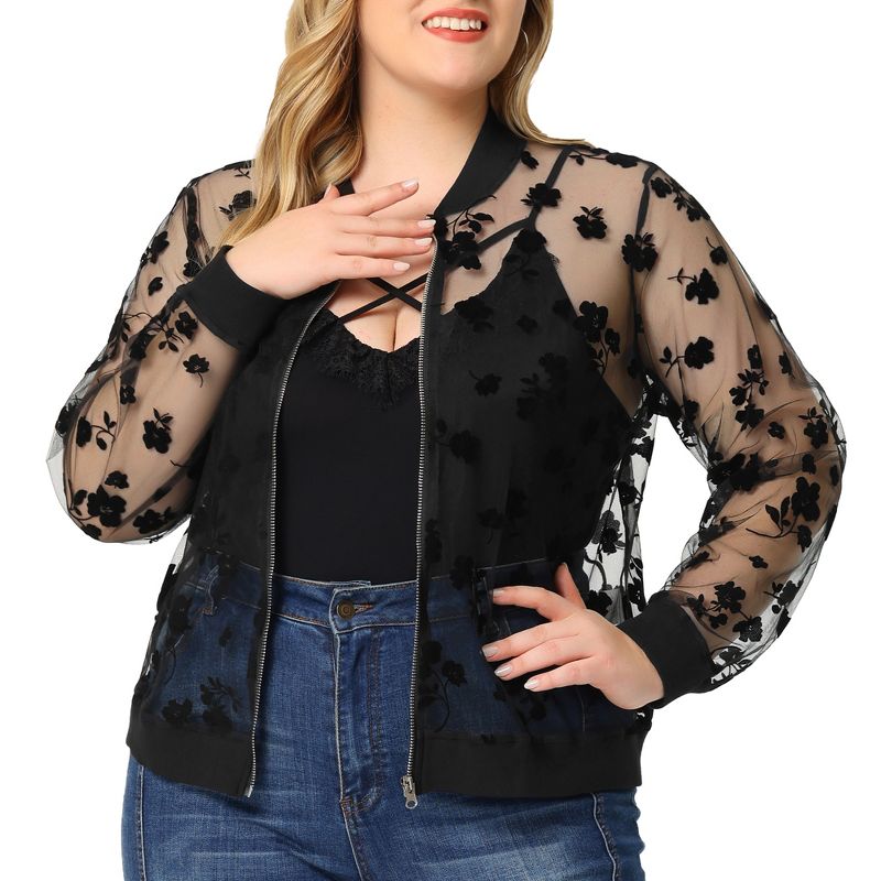 Agnes Orinda Women's Plus Size Bomber Mesh Sheer Floral Lace Long Sleeve Fashion Jackets, 2 of 7