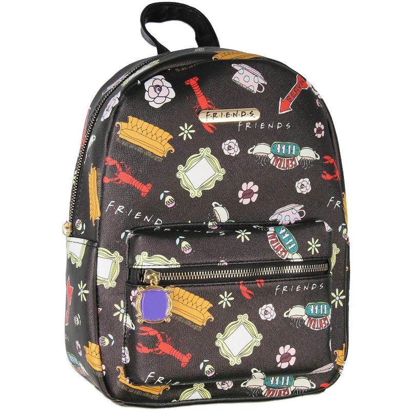 Friends TV Show Allover Toss Print Faux Saffiano Leather Mini Backpack Bag Black, 1 of 7