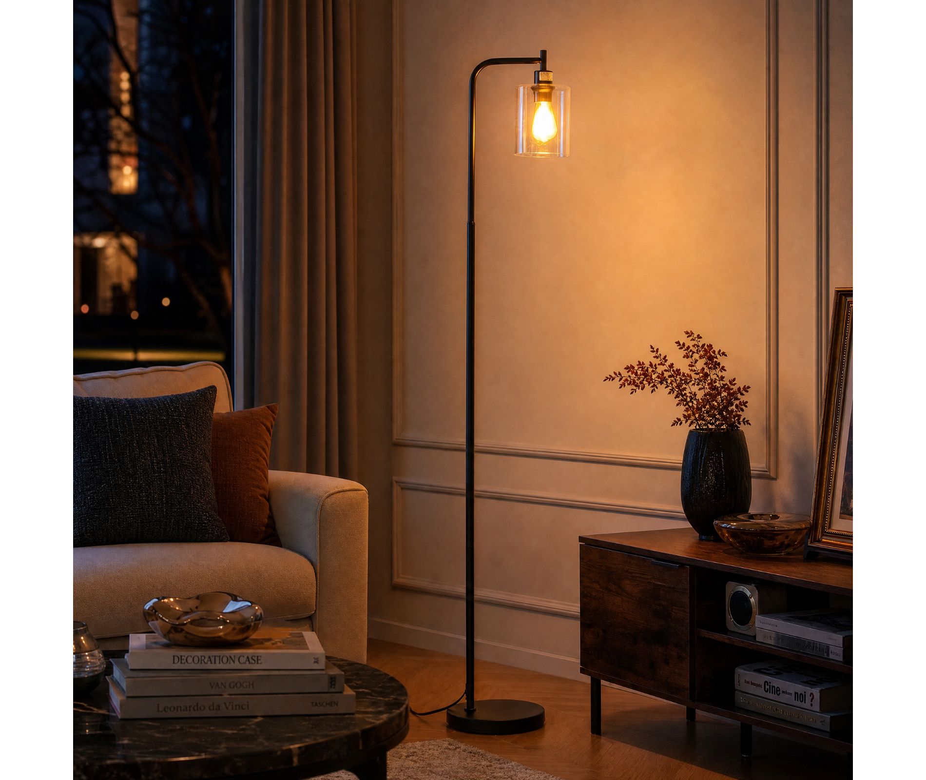 Modern Floor Lamp with Hanging Glass Shade and Foot Switch for Living Room, Black