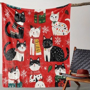 Lomsoe Christmas Cat & Snowflake Print Flannel Blanket - All Seasons Soft and Warm Throw Blanket for Bed, Napping, Camping, Travel, Office - 1 of 4