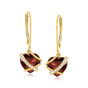 Ross-Simons 4.10 ct. t.w. Garnet and Diamond-Accented  Heart Drop Earrings in 14kt Yellow Gold - 1 of 4