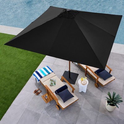 9ft Black Solar LED Lighted Market Patio Umbrella with Faux Wood Texture