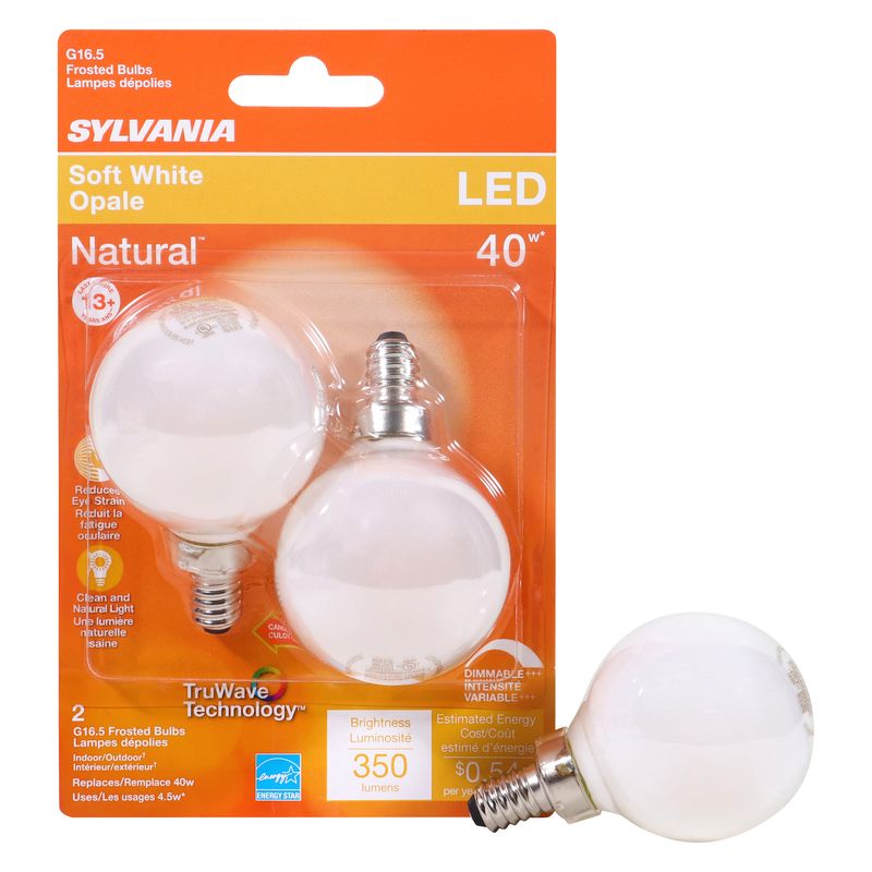 Sylvania Natural G16.5 E12 (Candelabra) LED Bulb Soft White 40 Watt Equivalence 2 pk, 1 of 2