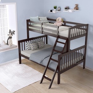 Costway Twin over Full Bunk Bed Rubber Wood Convertible with Ladder Guardrail - 1 of 4