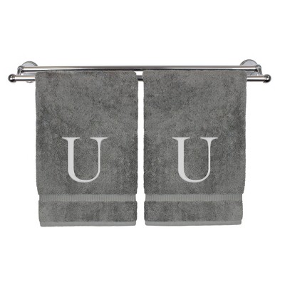 BC BARE COTTON Monogrammed Hand Towel, 100% Turkish Cotton - Set of 2 - Gray - Silver Block