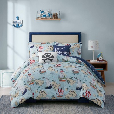 Blue Boat House for Kids SAILBOAT SHIP PIRATE SHIPS  Twin Sheet Set ~ Red Grey 