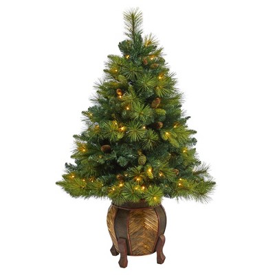 Nearly Natural 4.3' North Carolina Mixed Pine Prelit LED Artificial Christmas Tree with Pinecones in Decorative Planter