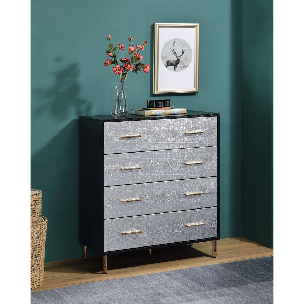 32" Myles Decorative Storage Drawer Black, Silver and Gold Finish - Acme Furniture: Elegant 5-Drawer Chest, Wood Composite, No Assembly Required - thumbnail 4