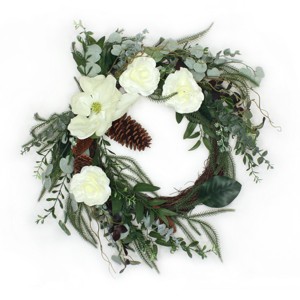 26" Mixed Greens and White Flowers Artificial Wreath - National Tree Company - 1 of 3