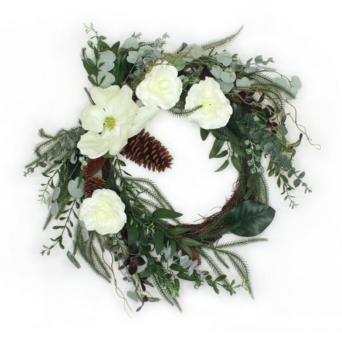 26" Mixed Greens and White Flowers Artificial Wreath - National Tree Company - image 1 of 3