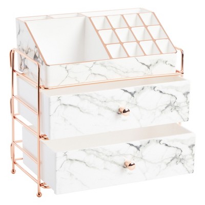 Glamlily White Marble Makeup Organizer with Rose Gold Trim, Cosmetic Storage Drawers for Vanity (9.5 x 9.5 x 5.5 in)