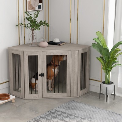 Large Gray Wood Corner Dog Crate Table with Cushion