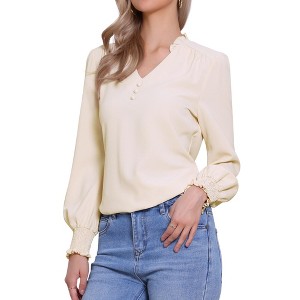 Allegra K Women's Vintage V Neck Long Sleeve Ruffle Collar Blouses - 1 of 4