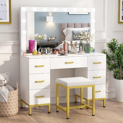 PAKASEPT Vanity Set with Lighted Mirror, 44'' Large Makeup Vanity with Cushioned Stool & 7 Drawers, Vanity Desk White Vanity for Bedroom