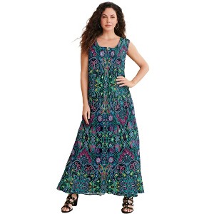 Roaman's Petite Plus Size Sleveless Hand-Crinkled Button-Front A-Line Maxi – Curvy Breezy Dress - 1 of 4