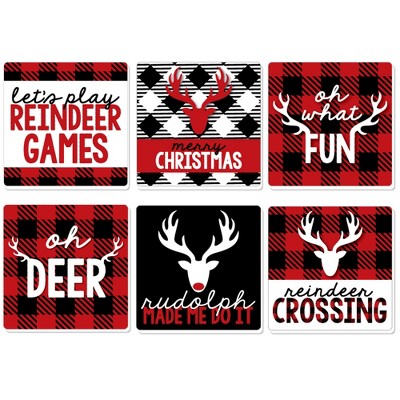 Big Dot of Happiness Prancing Plaid - Funny Reindeer Holiday and Christmas Party Decorations - Drink Coasters - Set of 6