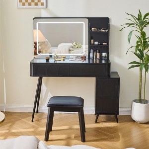 Modern Makeup Vanity Desk with Stool, Vanity Table Dressing Table with 3-Mode Lighted Mirror, Storage Shelves & 4 Drawers, White/Black-ModernLuxe - 1 of 4